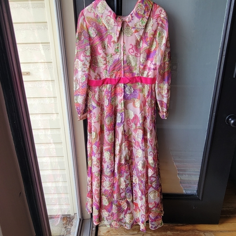 Vintage Handmade Custome Japanese Asian Pink Gold Flowering Long Dress Pink Bow - Picture 2 of 15